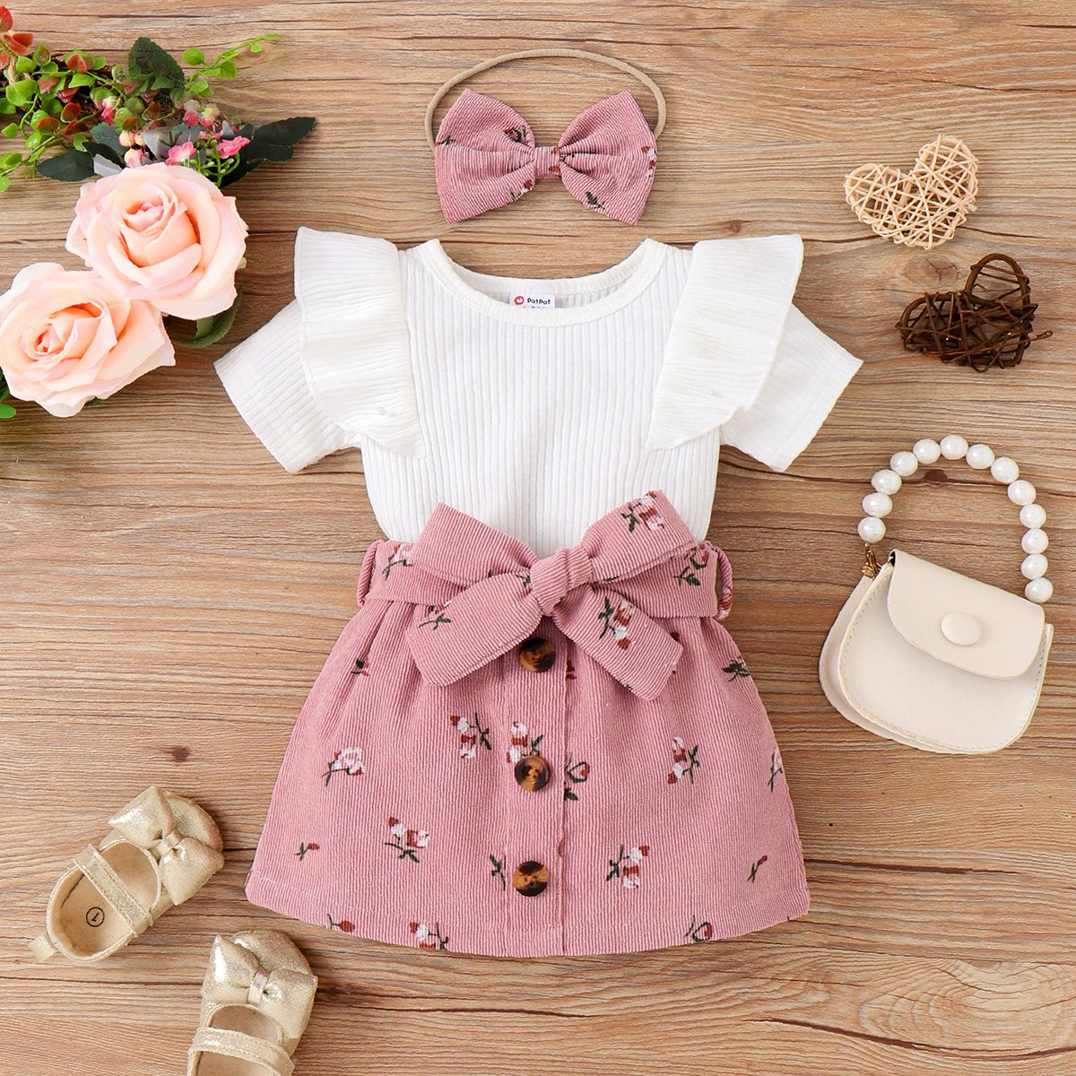 3pcs Baby Girl 95% Cotton Ribbed Ruffle Short-sleeve Tee and Floral Print Belted Skirt & Headband Se