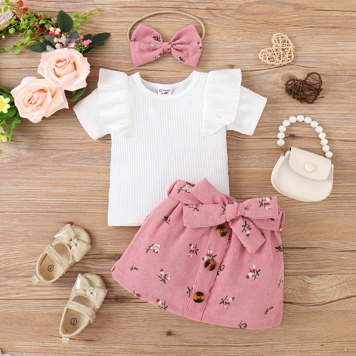 3pcs Baby Girl 95% Cotton Ribbed Ruffle Short-sleeve Tee and Floral Print Belted Skirt & Headband Set Pink big image 1
