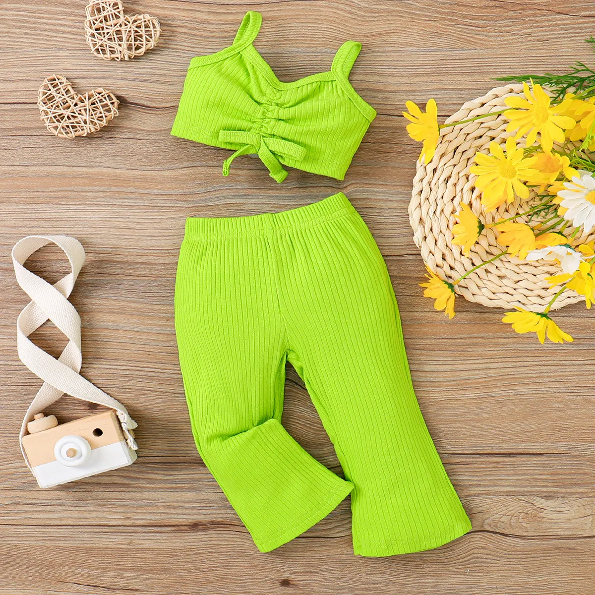 2pcs Baby Girl 95% Cotton Ribbed Solid Slip Top and Pants Set Light Green big image 1