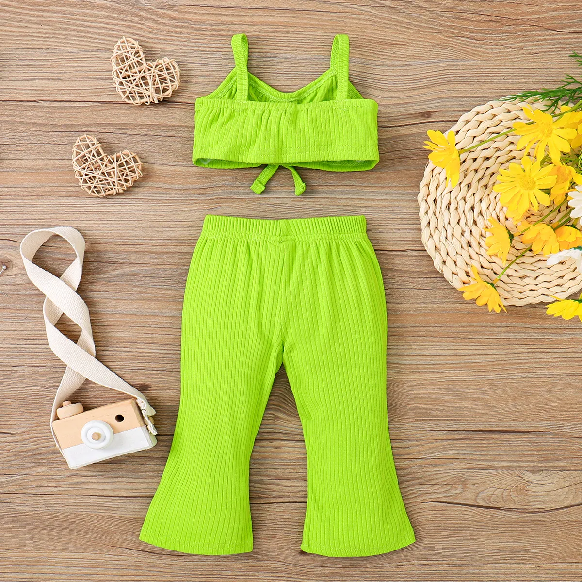 2pcs Baby Girl 95% Cotton Ribbed Solid Slip Top and Pants Set Light Green image 2