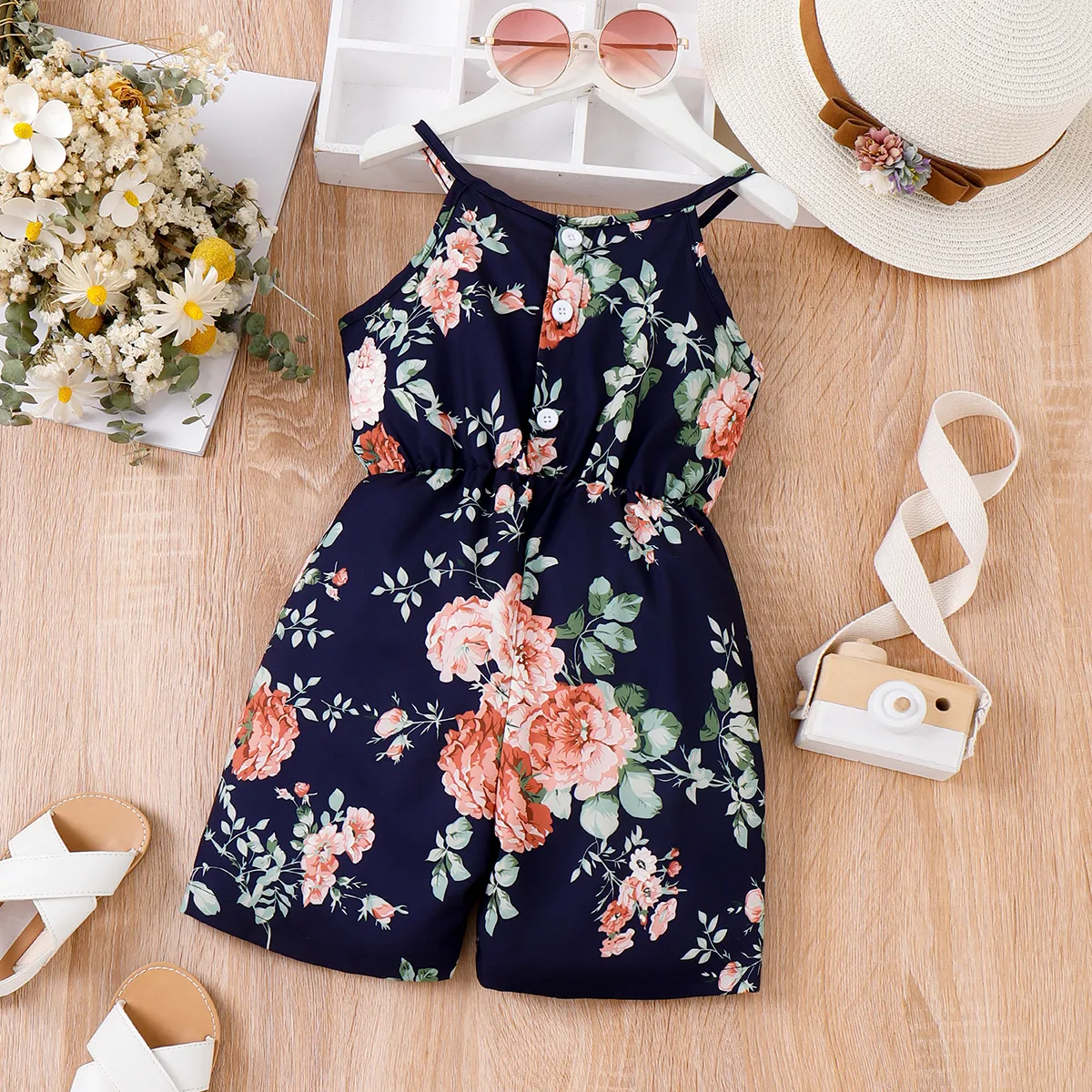 Toddler Girl Floral Print Halter Romper Black image 2