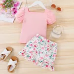 2pcs Toddler Girl Sweet Solid Puff Sleeve Ribbed Cotton Top and Floral Print Skirt Set  image 3