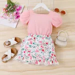 2pcs Toddler Girl Sweet Solid Puff Sleeve Ribbed Cotton Top and Floral Print Skirt Set  image 2