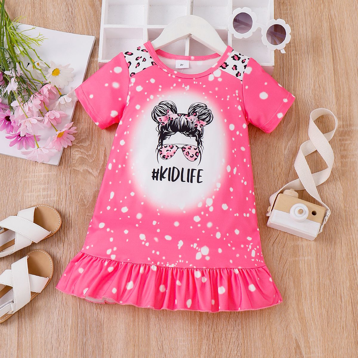 Toddler Girl Sweet Leopard & Figure Print Ruffle Hem Dress