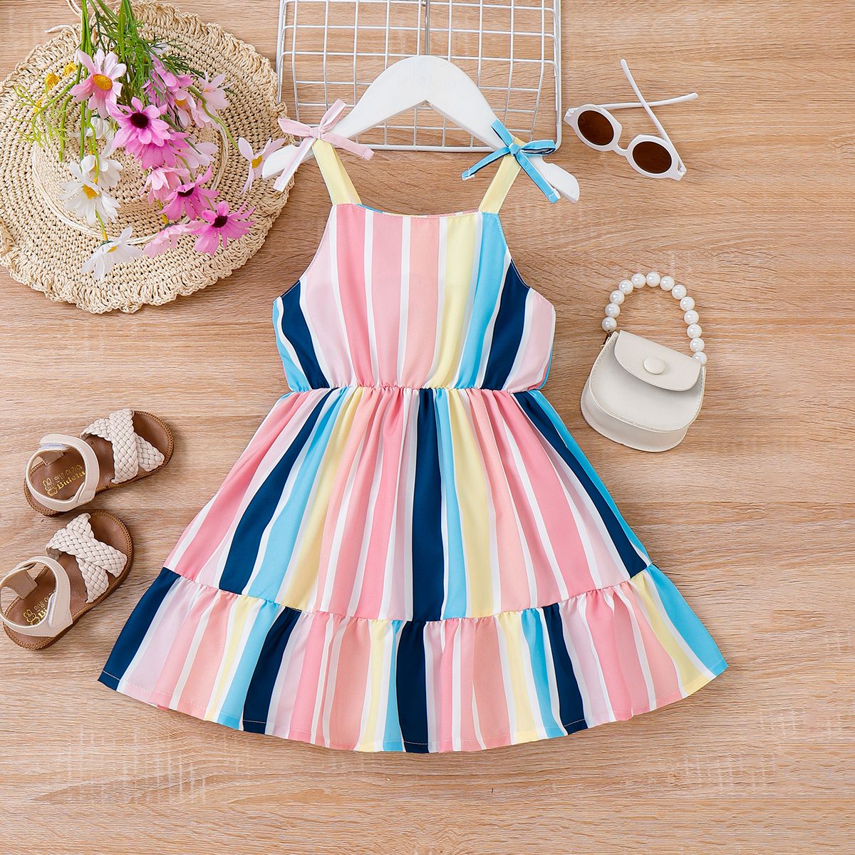 

Toddler Girl Colorful Stripe Print Ruffle Hem Slip Dress