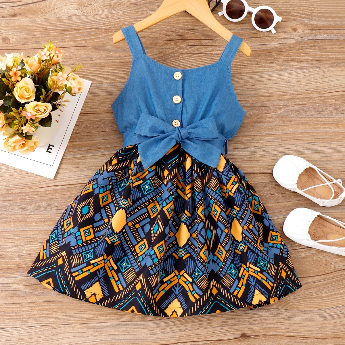 Toddler Girl Boho Exotic Graphic Splice Belted Slip Dress