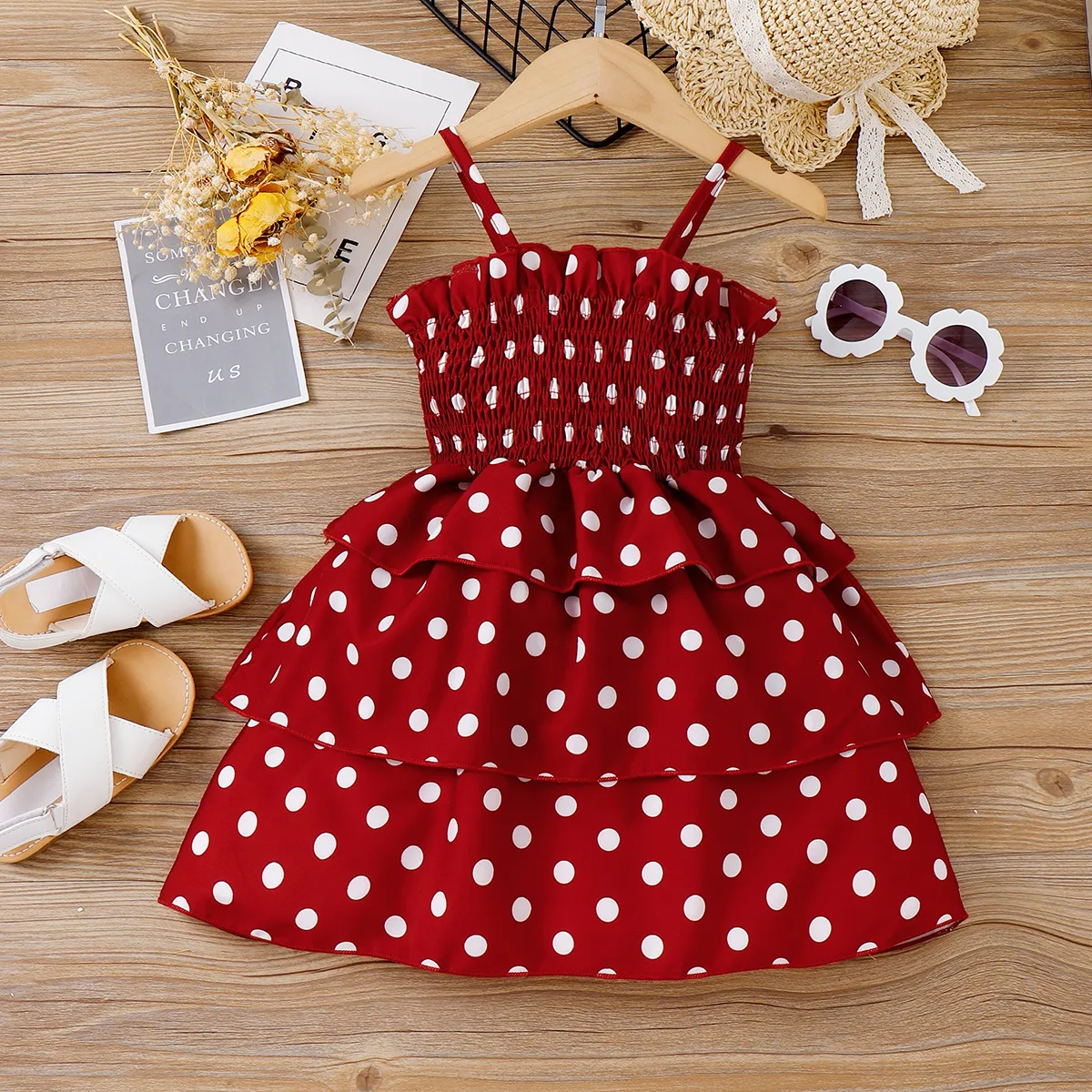 Toddler Girl Polka Dots Layered Smocked Slip Dress Burgundy big image 1