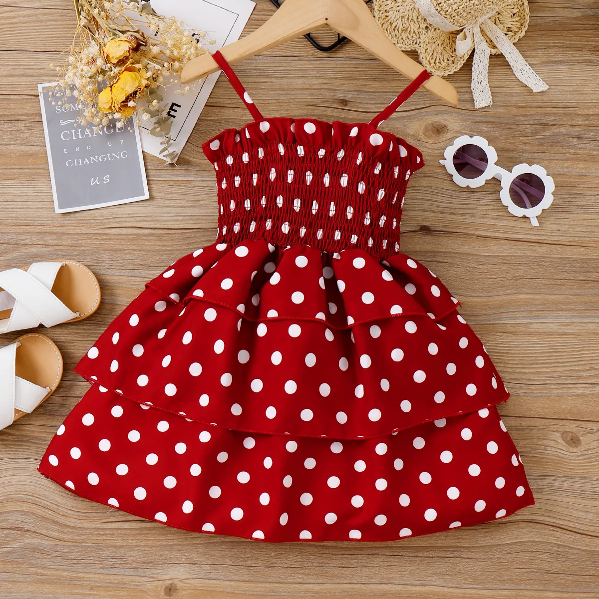 Toddler Girl Polka Dots Layered Smocked Slip Dress Burgundy big image 1
