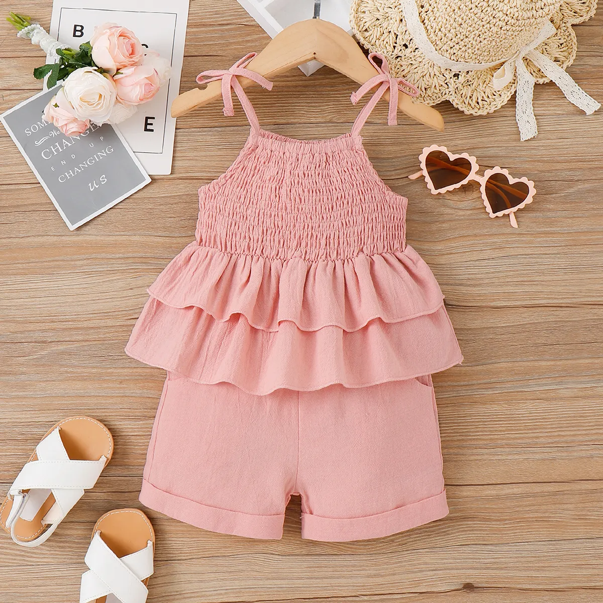 2 unidades Criança Menina Ponto smock Bonito conjuntos de colete Rosa big image 1