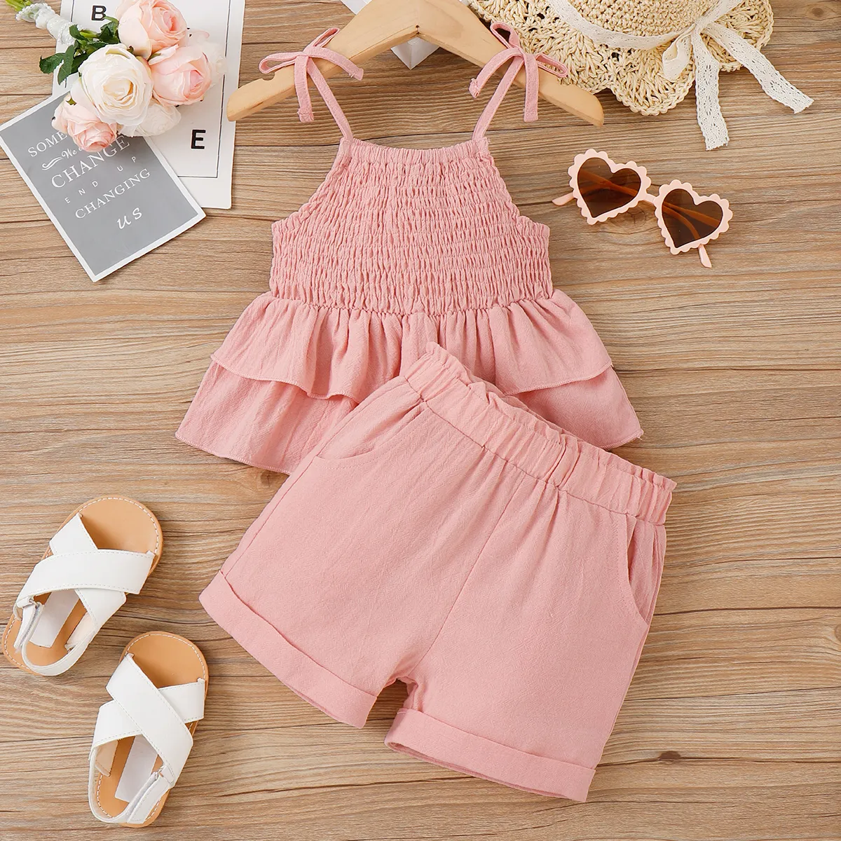 2 unidades Criança Menina Ponto smock Bonito conjuntos de colete Rosa image 6