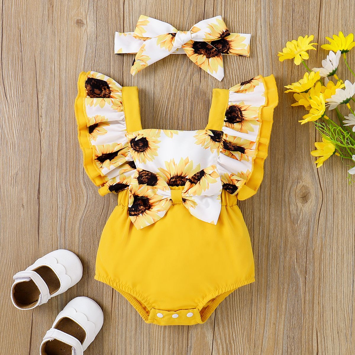 2pcs Baby Girl Sunflower Print Bow Front Ruffled Bodysuit And Headband Set