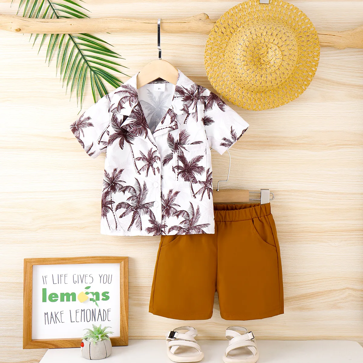 3pcs Toddler Boy Straw Hat & Tropical Plant Print Short-sleeve Shirt & Solid Shorts Set big image 1