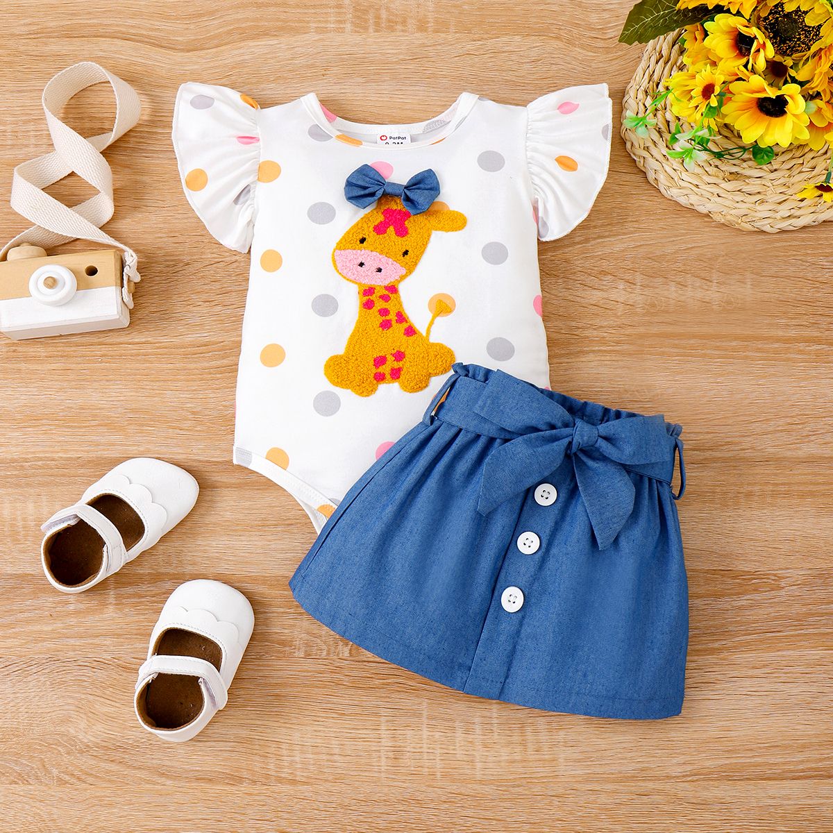

2pcs Baby Girl Giraffe Print Flutter-sleeve Bodysuit and Belted Skirt Set