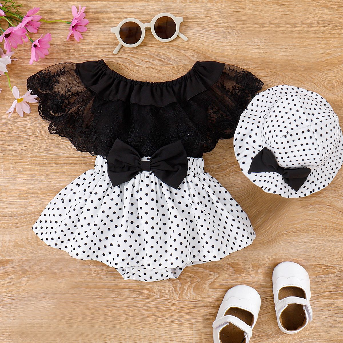 3pcs Baby Girl Lace Top and Allover Polka Dots Bow Decor Skirt and Hat Set