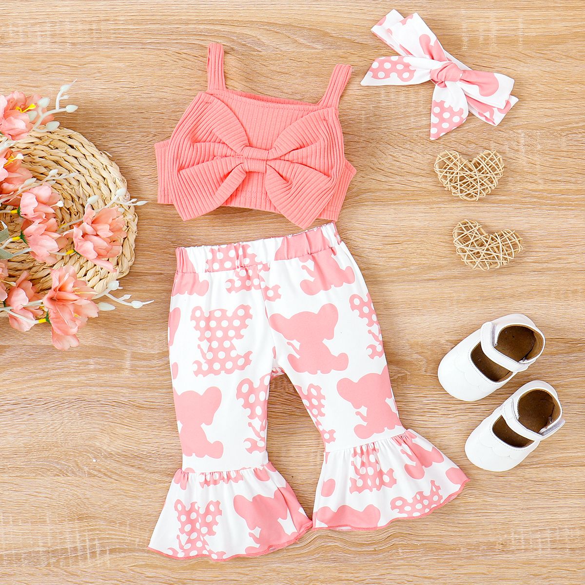 

3pcs Baby Girl 95% Cotton Bow Front Ribbed Camisole & Elephant Pattern Flared Pants & Headband Set