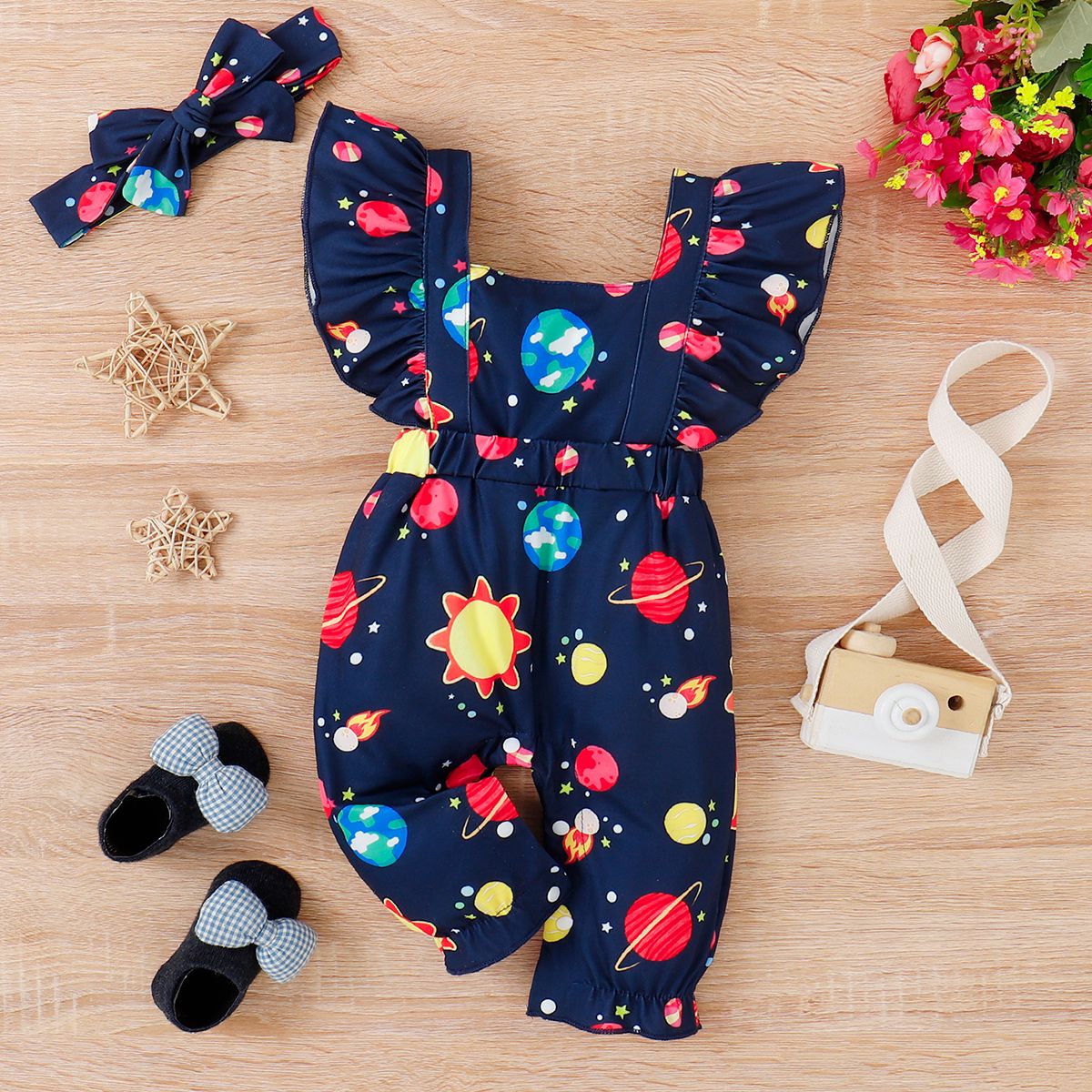 

Baby Girl Space Print Ruffle-sleeve Jumpsuit