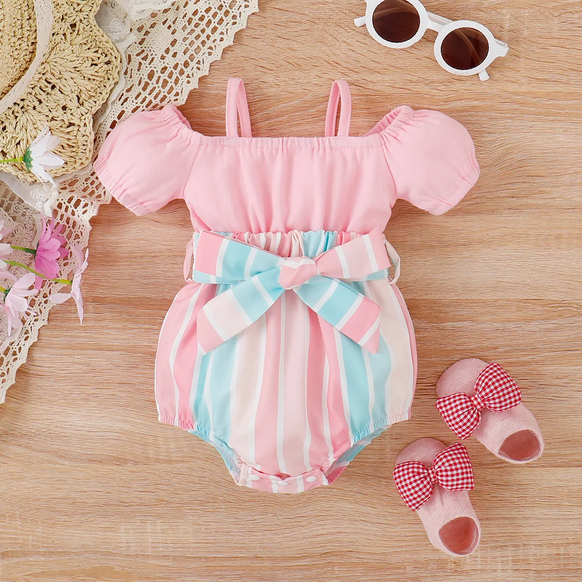 Baby Girl Stripe Panel Belted Cold Shoulder Combo Romper