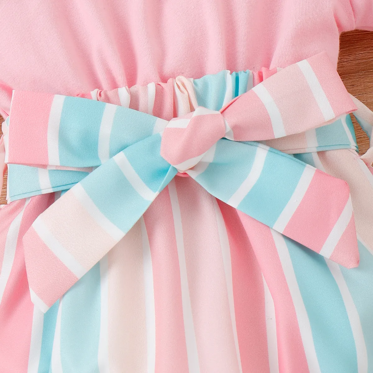 Baby Girl Stripe Panel Belted Cold Shoulder Combo Romper  image 3
