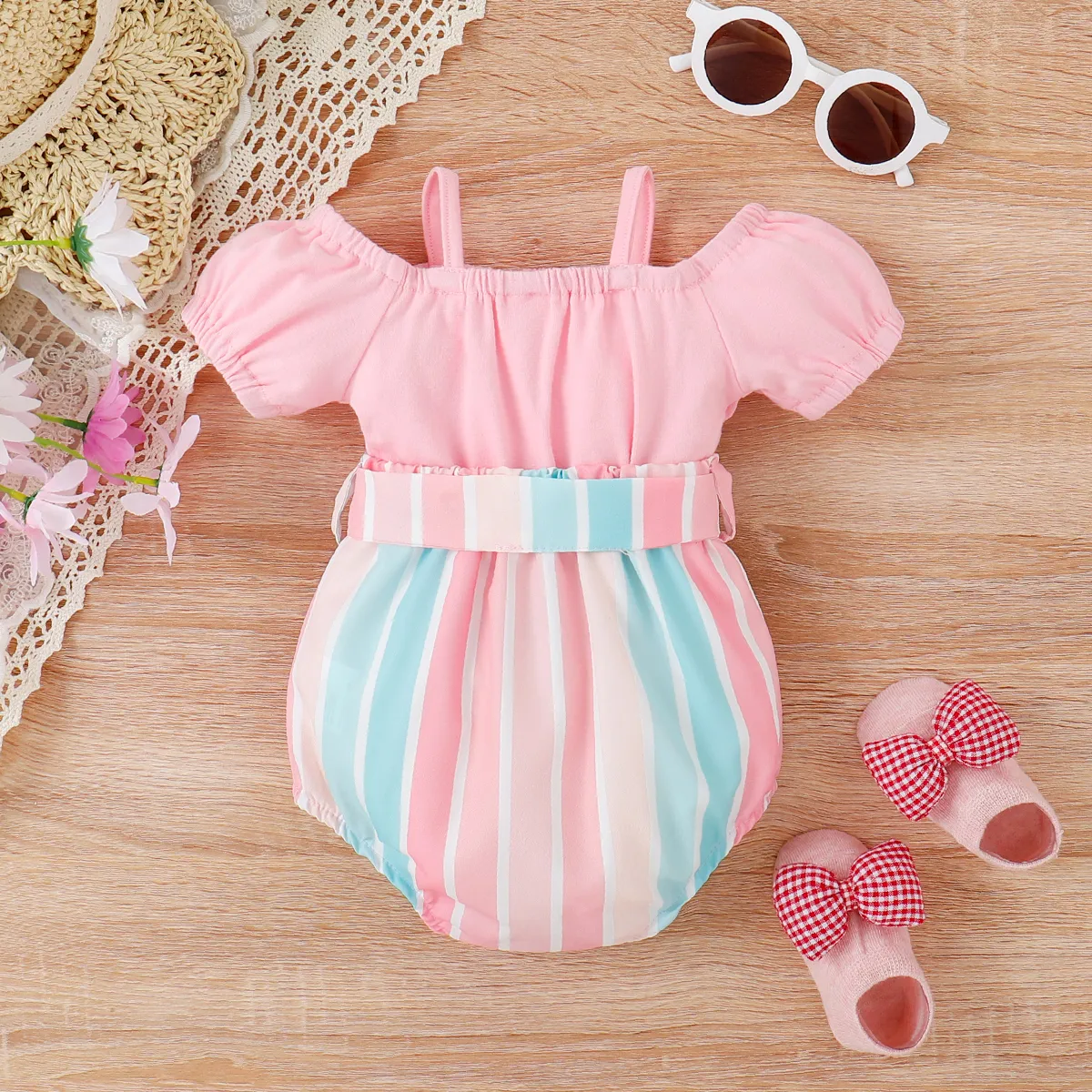 Baby Girl Stripe Panel Belted Cold Shoulder Combo Romper  image 2