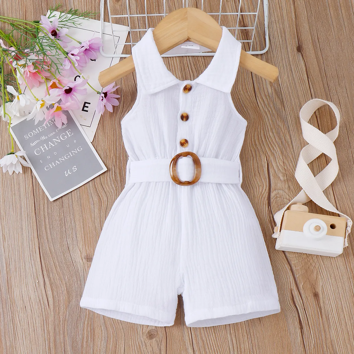 Baby Girl Front Buttons Belted Lapel Neck Strappy Ribbed Rompers Beige big image 1