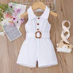 Baby Girl Front Buttons Belted Lapel Neck Strappy Ribbed Rompers Beige