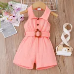 Baby Girl Front Buttons Belted Lapel Neck Strappy Ribbed Rompers Pink