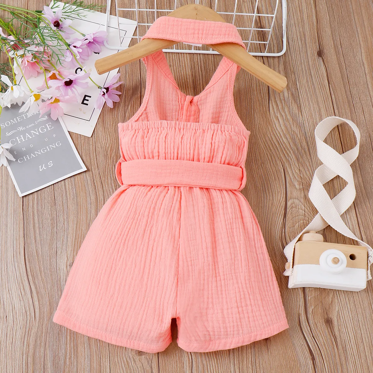 Baby Girl Front Buttons Belted Lapel Neck Strappy Ribbed Rompers Pink big image 1