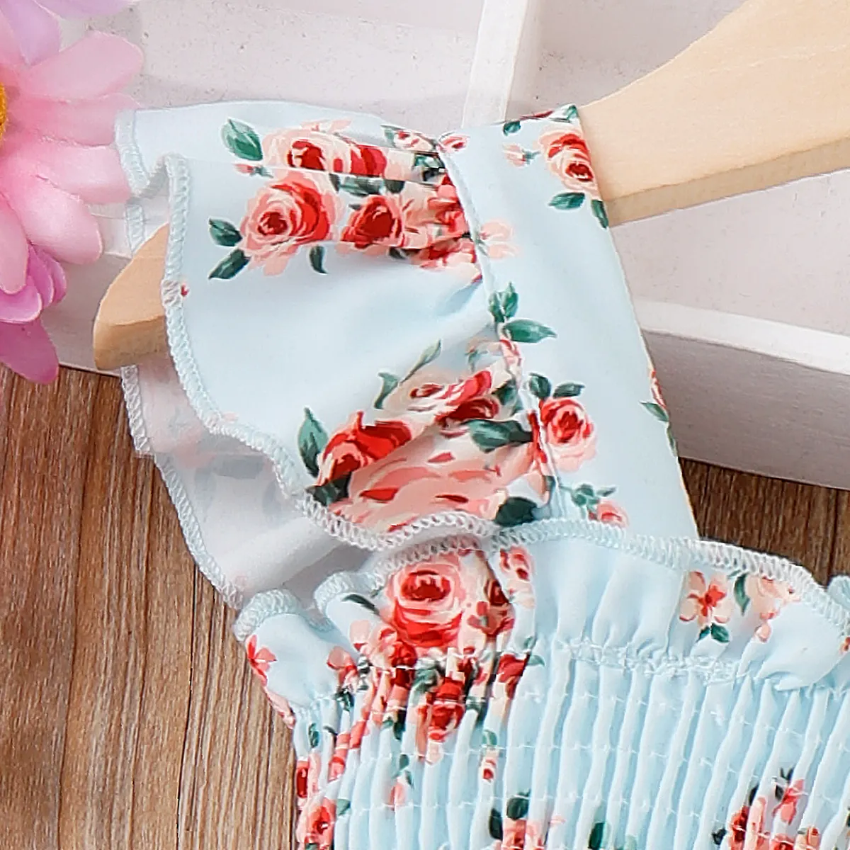 Baby Girl Floral Print Flutter-sleeve Belted Smocked Romper Blue big image 1