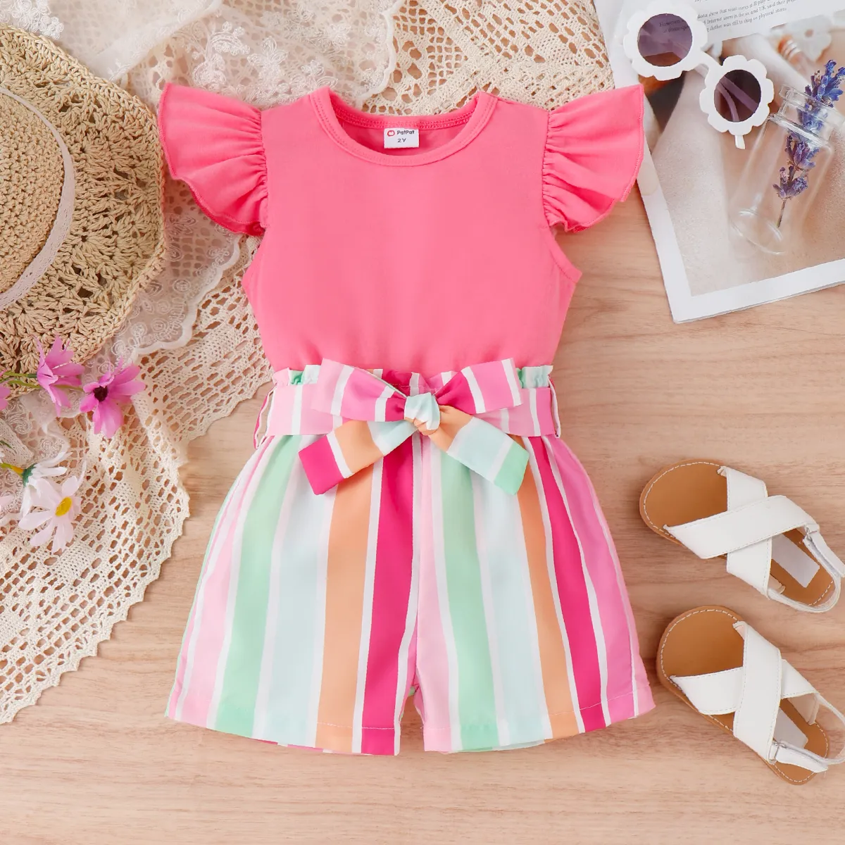 2pcs Toddler Girl Sweet Flutter-sleeve Tee and Stripe Belted Shorts Set Hot Pink