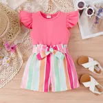 2pcs Toddler Girl Sweet Flutter-sleeve Tee and Stripe Belted Shorts Set Hot Pink