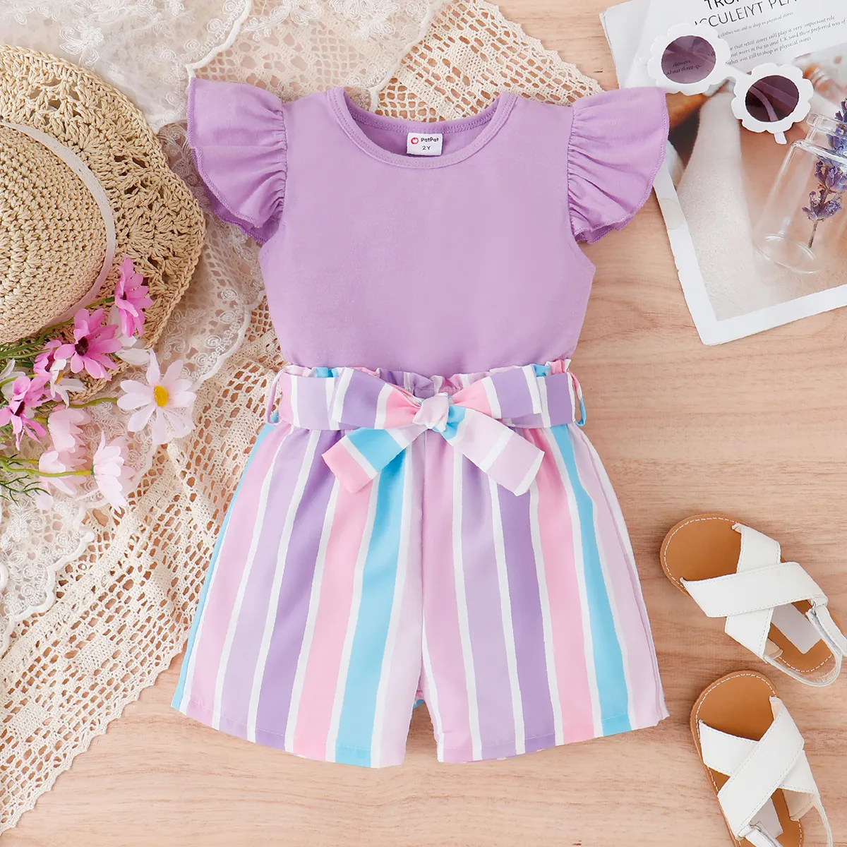 2pcs Toddler Girl Sweet Flutter-sleeve Tee and Stripe Belted Shorts Set Light Purple