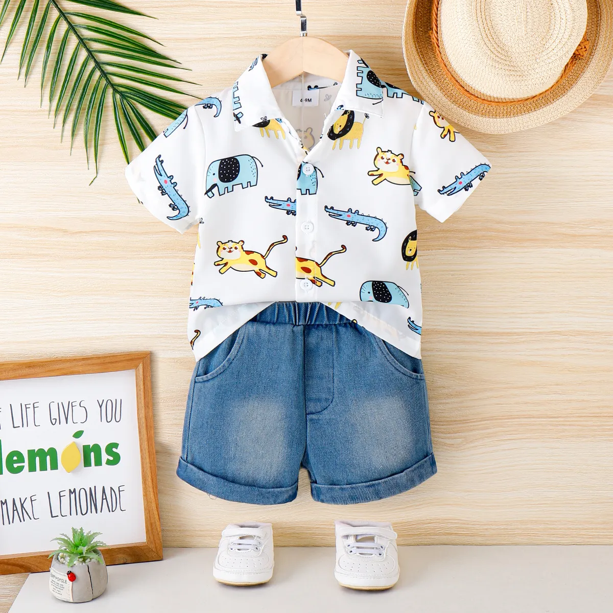 2pcs Baby Boy Allover Animals Print Front Buttons Lapel Collar Short-sleeve Shirt and Pockets Denim Shorts Set