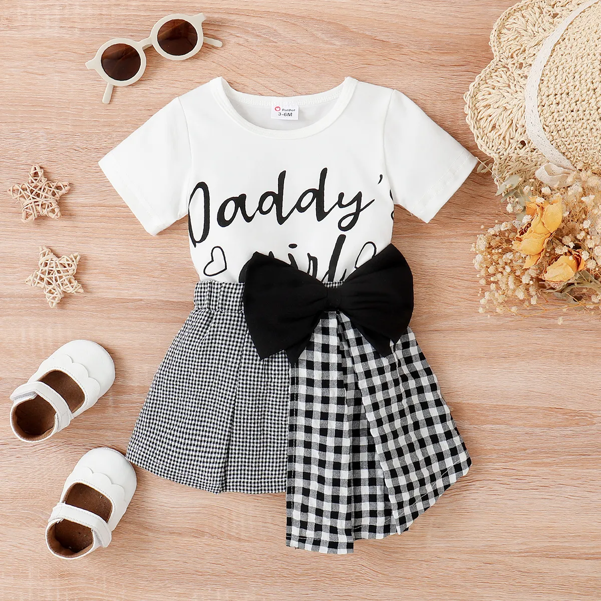 2pcs Baby Girl Letter Print Short-sleeve Top and Bow Front Asymmetrical Hem Plaid Skirt Set  big image 1