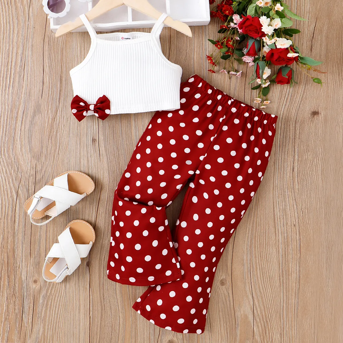 2pcs Toddler Girl Bow Decor Rib-knit Cami Top and Polka Dots Flared Pants Set  big image 1