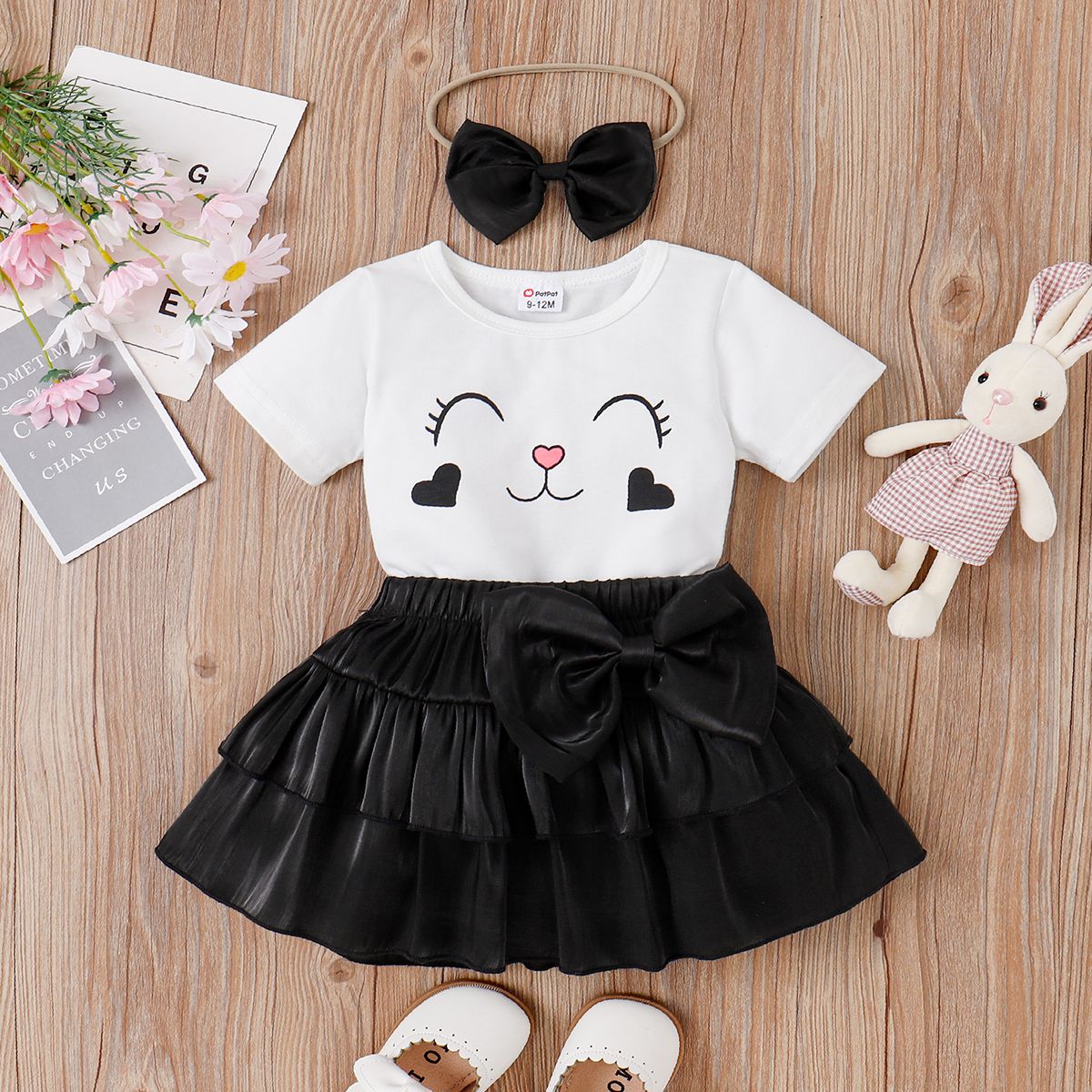 3pcs Baby Girl Rabbit Print Manches Courtes Top & Bow Decor Layered Skirt & Bow Hair Ties Set