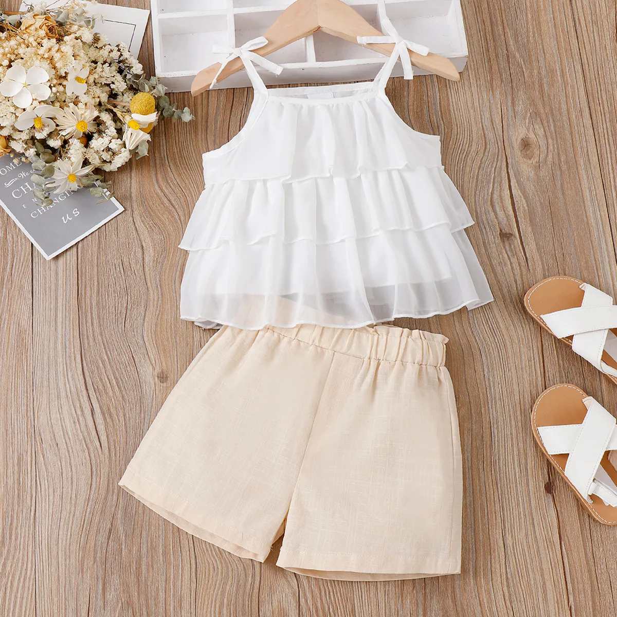 2pcs Toddler Girl Layered Ruffled Cami Top and Solid Shorts Set White big image 1