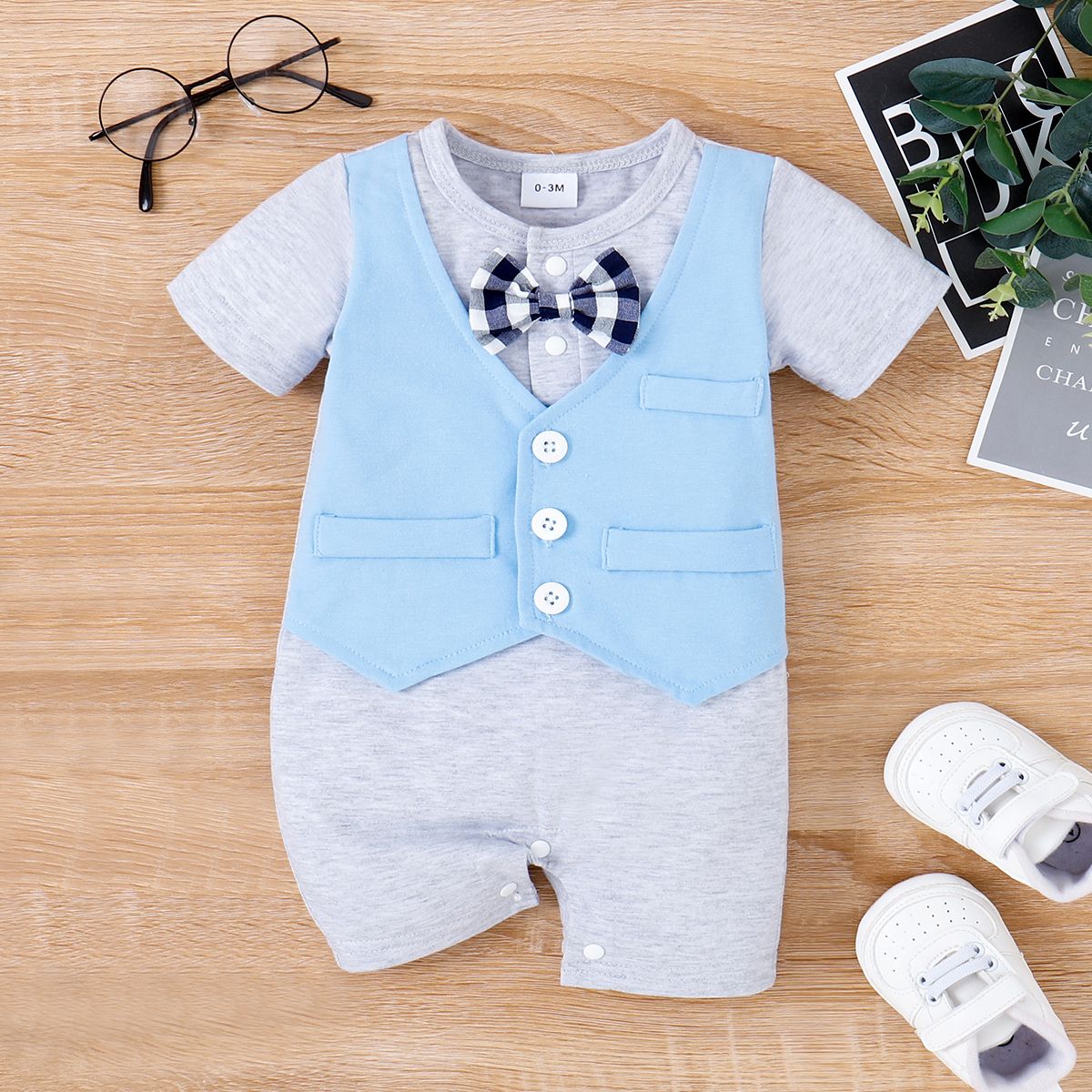 

Baby Boy Plaid Bow Tie Decor Colorblock 2 In 1 Jumpsuit
