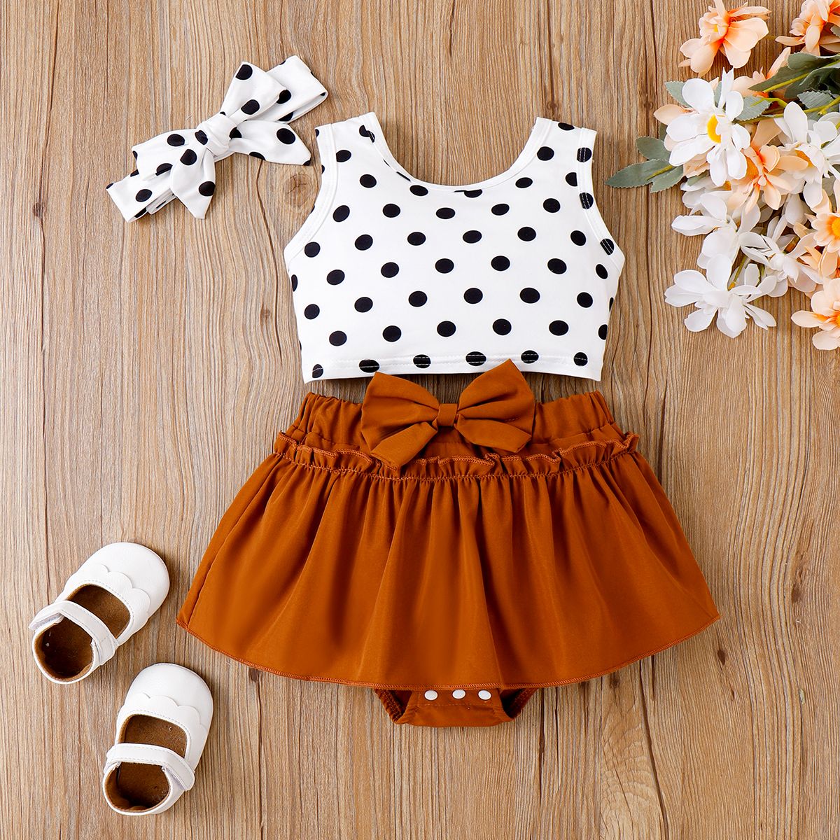 3pcs Baby Girl Bow Decor Polka Dots Strappy Top and Solid Skirt & Headband Set