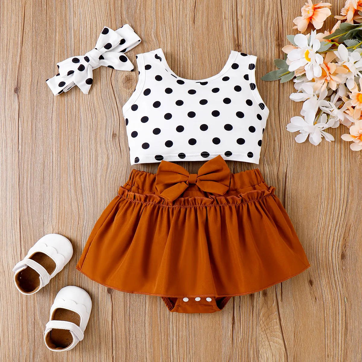 3pcs Baby Girl Bow Decor Polka Dots Strappy Top and Solid Skirt & Headband Set  big image 1