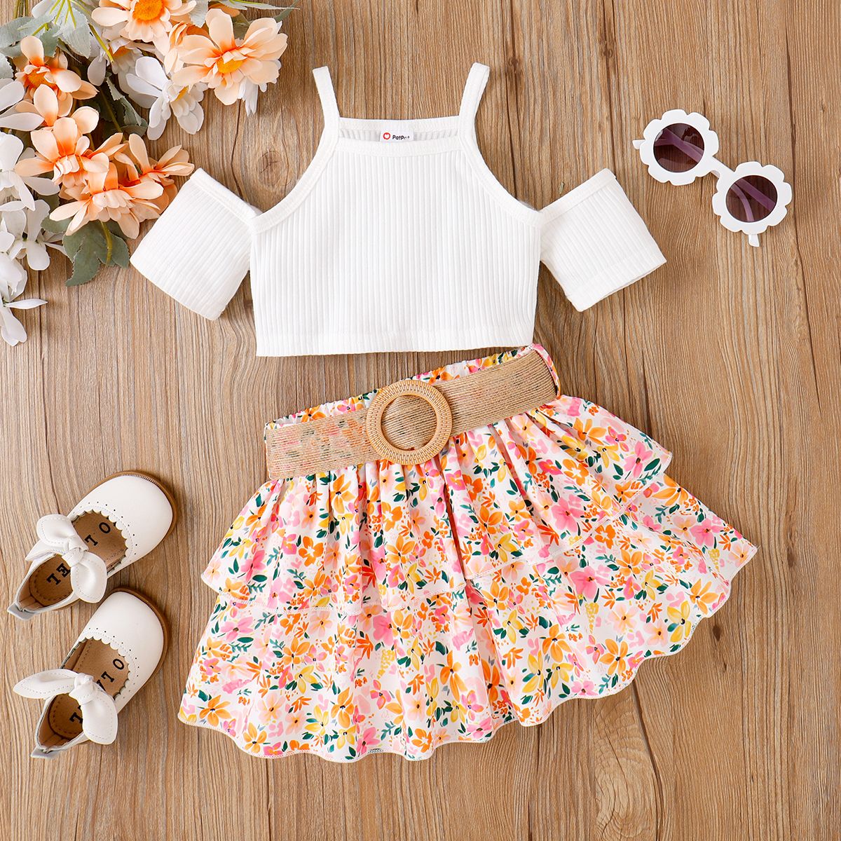 

2pcs Toddler Girl Cold Shoulder Rib-knit Crop Top and Floral Print Belted Skirt Set