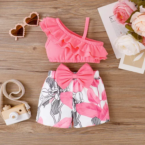 2pcs Baby Girl Ruffled One-Shoulder Camisole and Floral Print Bow Decor Shorts Set