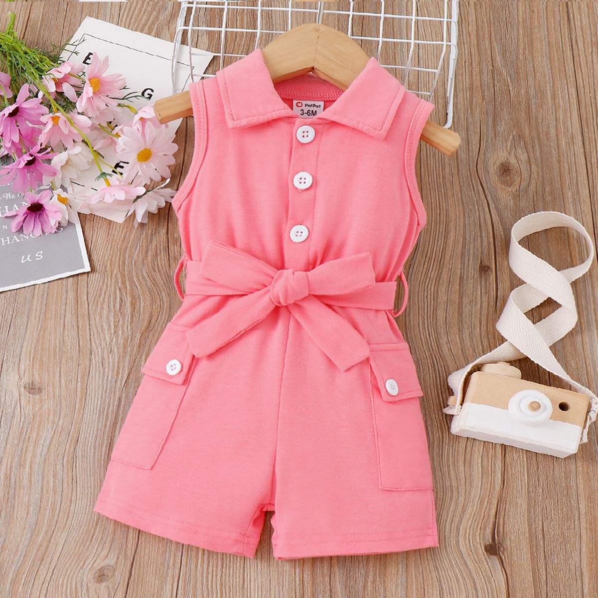 

Baby Girl Bow Decor Buttons Pockets Solid Jumpsuit
