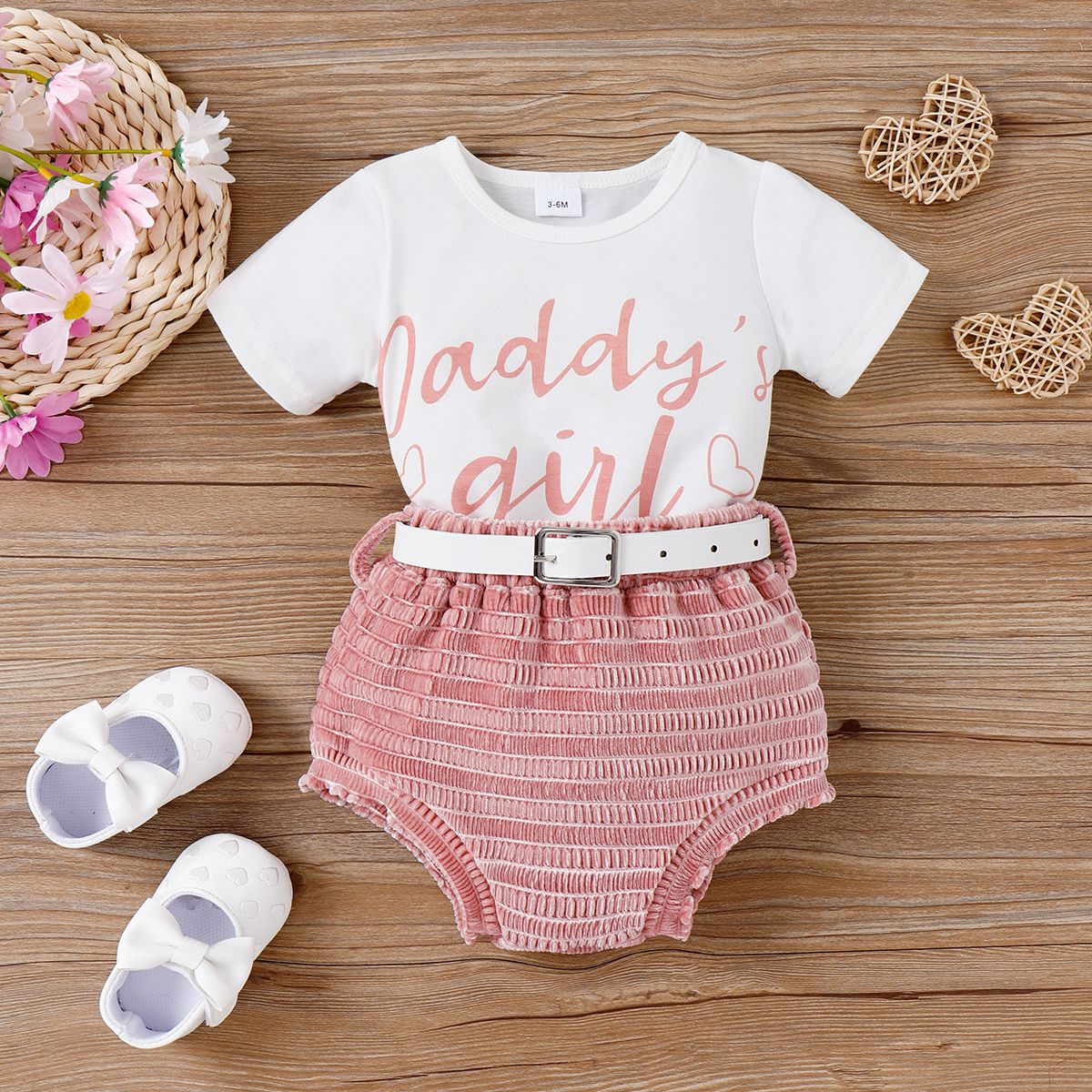 2pcs Baby Girl Letter Print Short-sleeve Tee And Belted Shorts Set