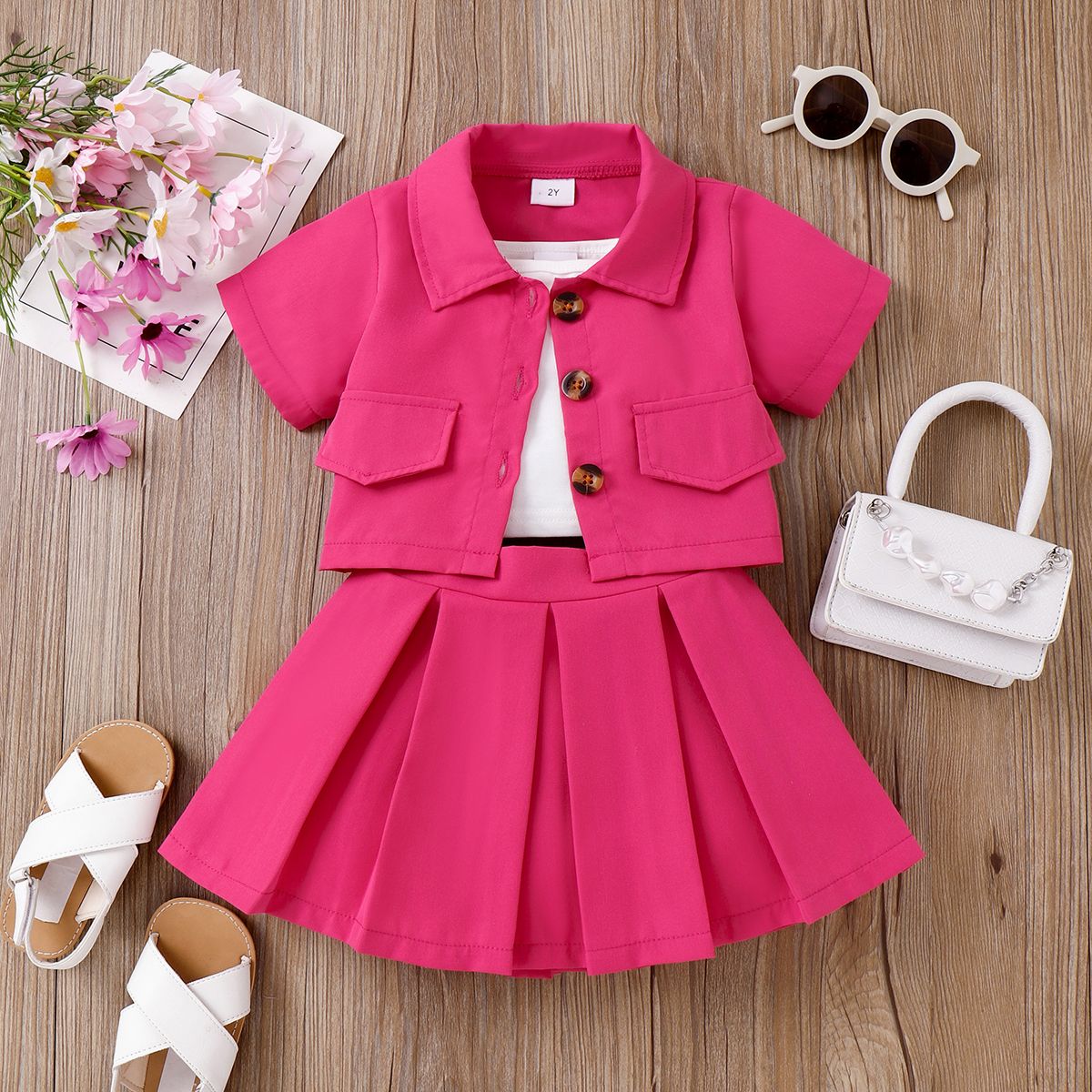 

3pcs Toddler Girl Button Front Red Blazer & Pleated Skirt & White Cami Top Set