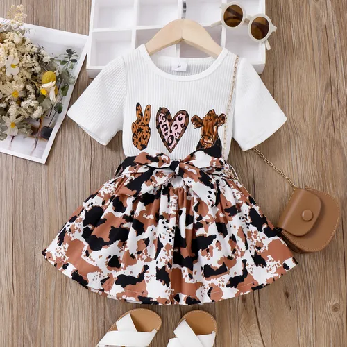 2pcs Toddler Girl Cotton Short-sleeve Rib-knit Top and Belted Cow Pattern Skirt Set