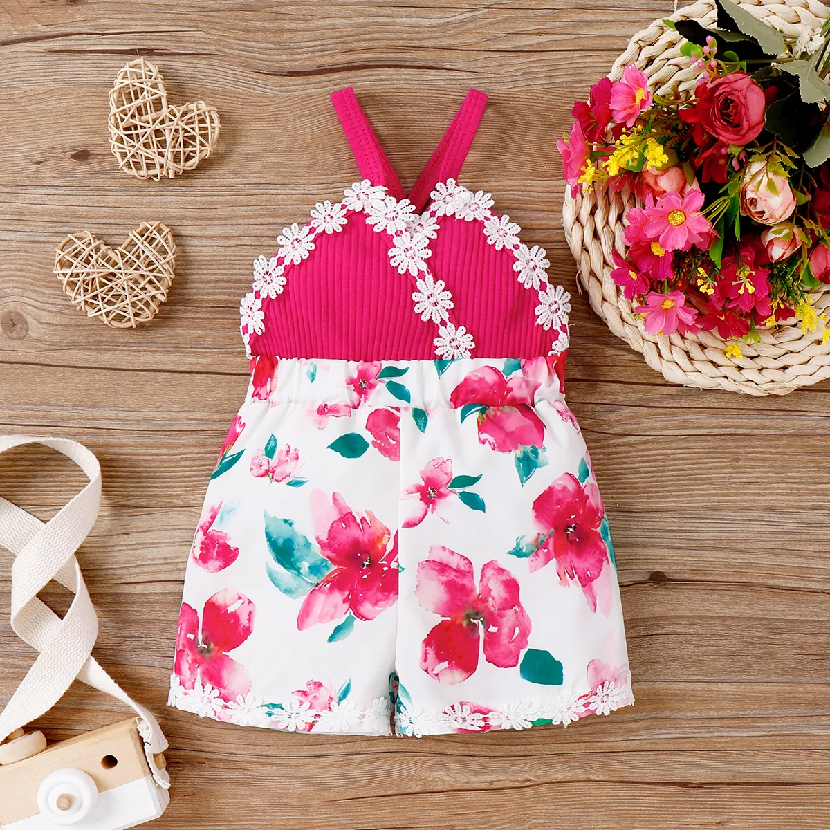 Baby Girl 95% Cotton Allover Floral Pattern Ribbed Slip Jumpsuit  big image 1