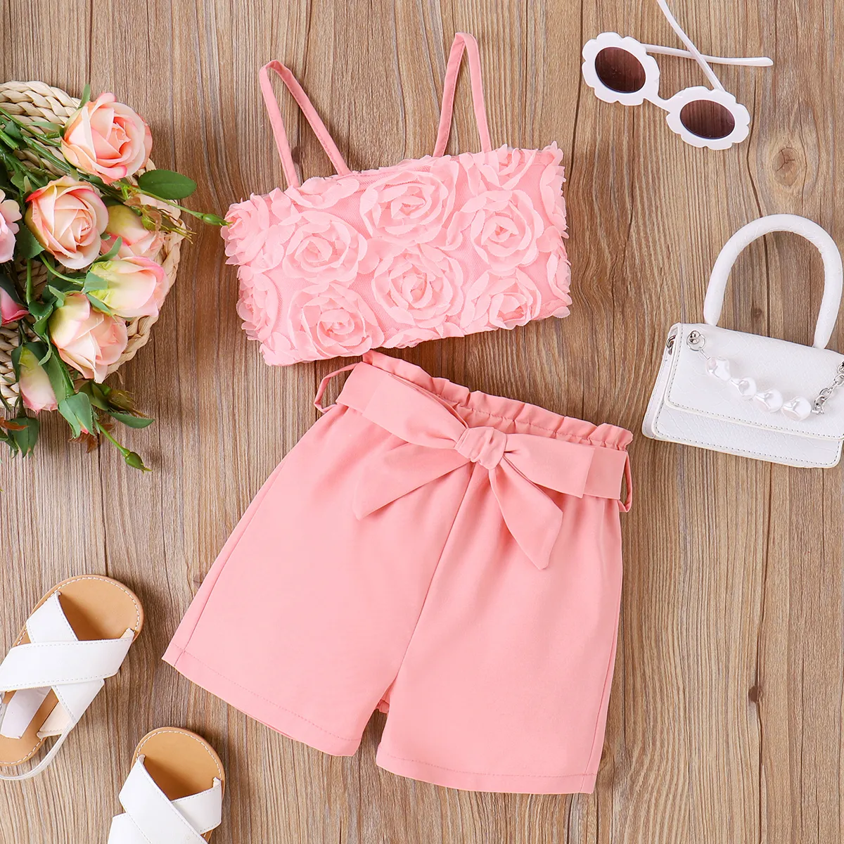 2pcs Toddler Girl Pink 3D Applique Mesh Cami Top and Belted Shorts Set  image 2