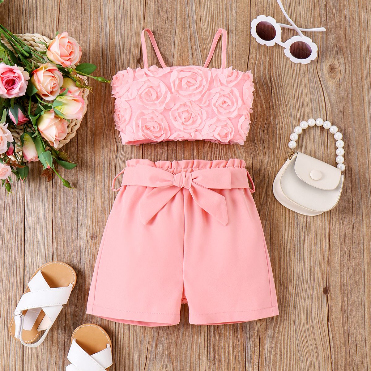 2pcs Toddler Girl Pink 3D Applique Mesh Cami Top And Belted Shorts Set