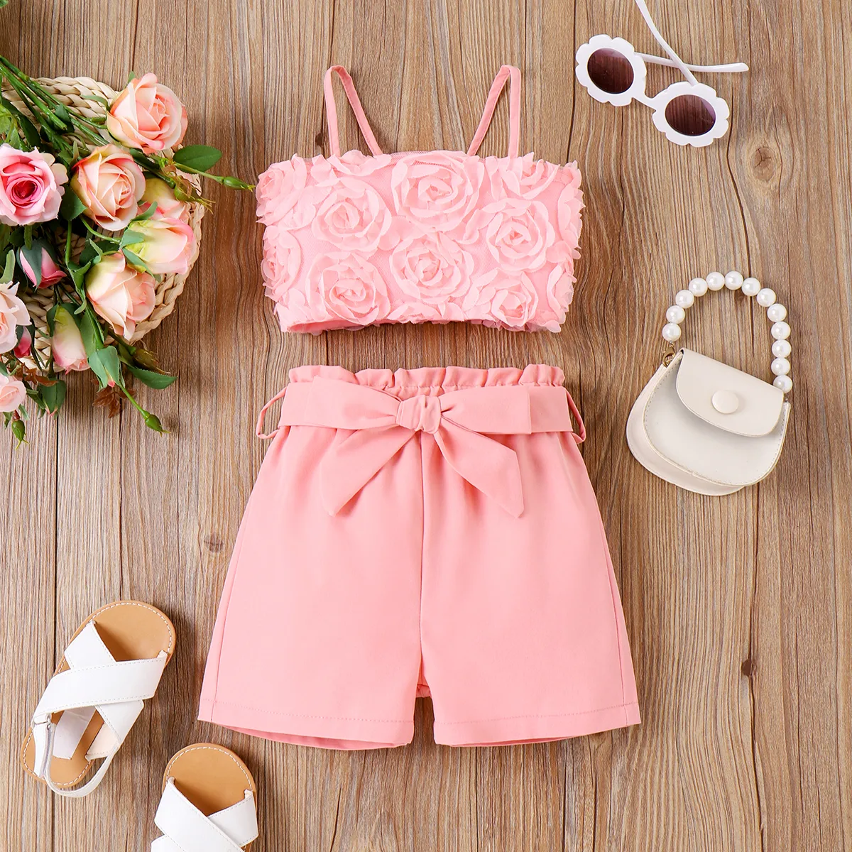 2pcs Toddler Girl Pink 3D Applique Mesh Cami Top and Belted Shorts Set  big image 1