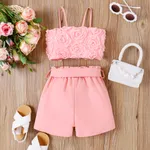 2pcs Toddler Girl Pink 3D Applique Mesh Cami Top and Belted Shorts Set  image 6